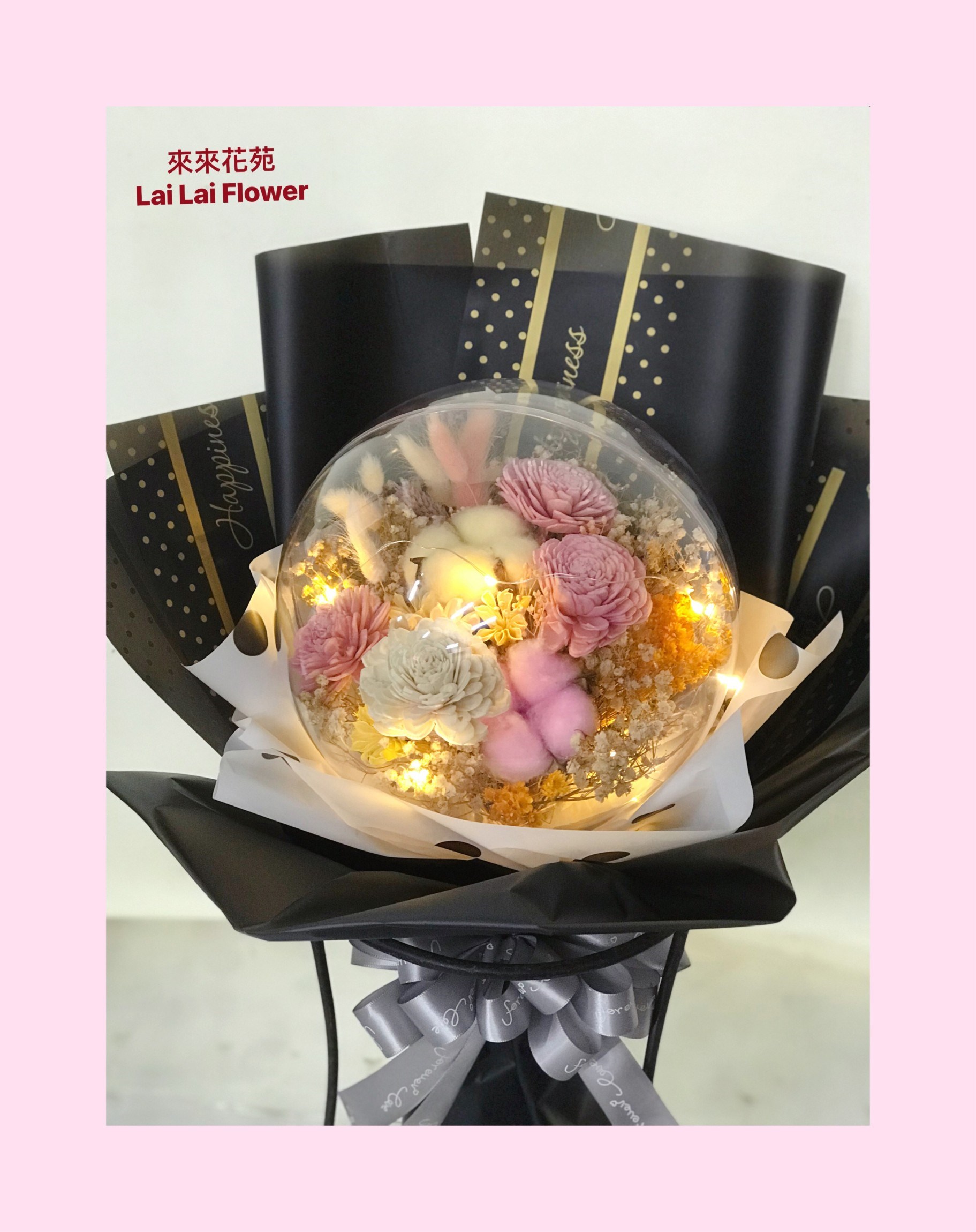 壓克力球乾燥花+黃色LED燈