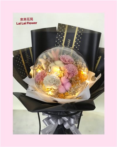壓克力球乾燥花+黃色LED燈